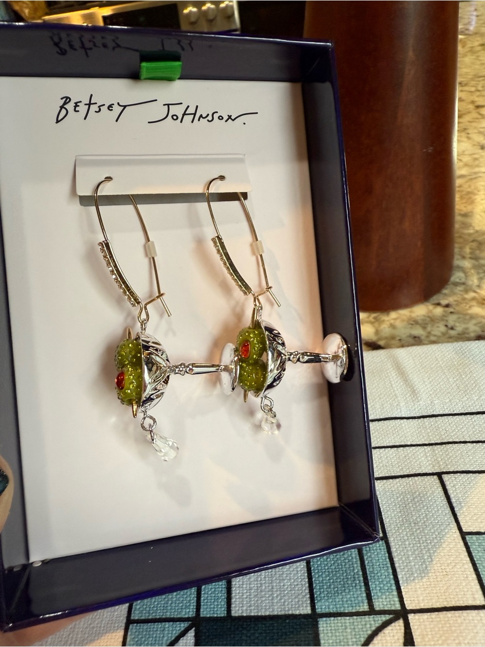 NEW Betsey Johnson 2” MARTINI DROP SHEPHERDS HOOK EARRINGS